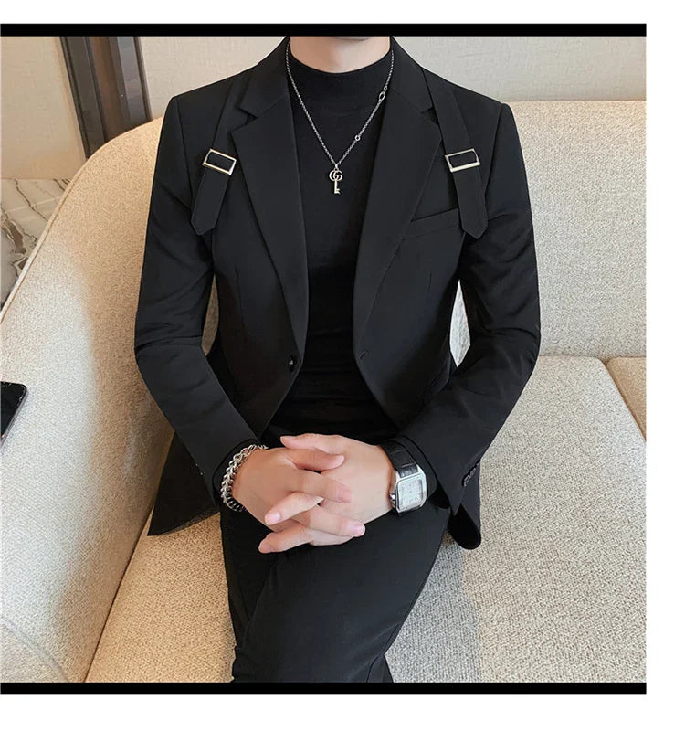 2024 Autumn Winter New Strap Decoration Suit Jacket for Men Fashion Slim Casual Business Blazers Groom Wedding Social Tailcoat