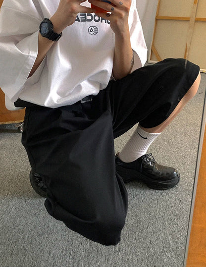 Spring Summer Loose Casual Soft Black Pleated Shorts for Men Mens with High Waist Short Straight Pants Clothes 2024