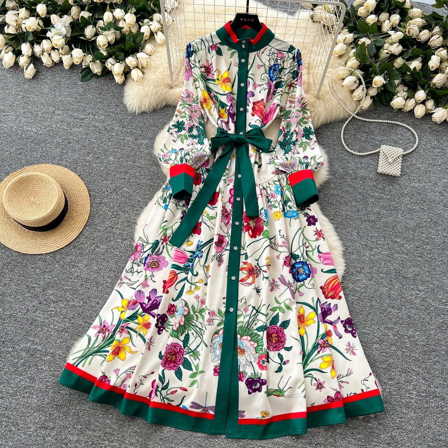 Retro Faion Print Stand Collar Single Button Women's Dr Waist Cinched Floor Length Skirt Korean Sle High Waist Long Sl...