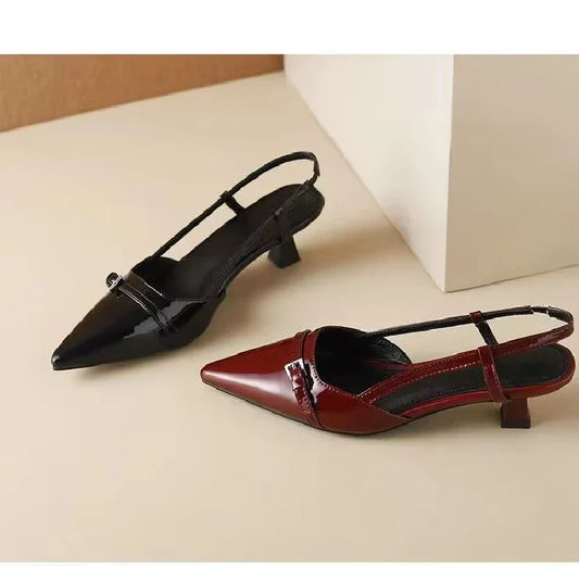 2025 French Pointed Sandals Burgundy Patent Crisscross Straps Metal Decor Slim Heel Open-Back Fairy Sandals