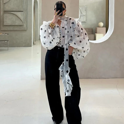 Ticketsx Polka Dot Ruffled Shirts Fashion Contrast Lace Up See Through Button Blouse Top Elegant Party High Street Women Shirt