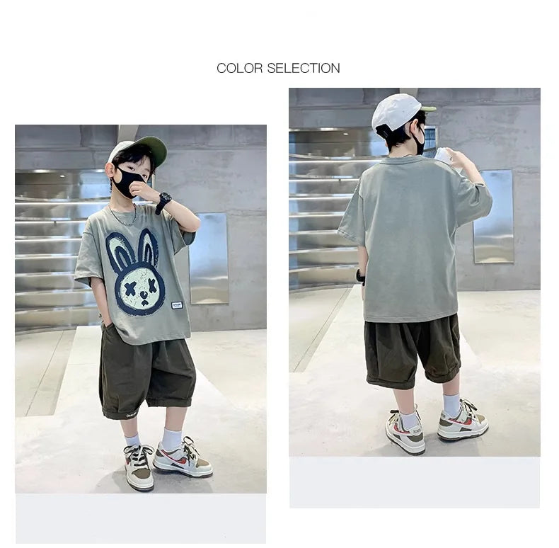 Summer Boys Cotton Leisure Cartoon Print T-Shirt Top+Shorts Pant Set School Kids 2PCS Tracksuit Children Vacation Outfit 5-16Yr