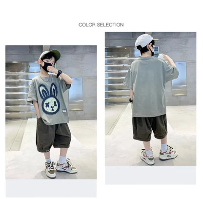 Summer Boys Cotton Leisure Cartoon Print T-Shirt Top+Shorts Pant Set School Kids 2PCS Tracksuit Children Vacation Outfit 5-16Yr