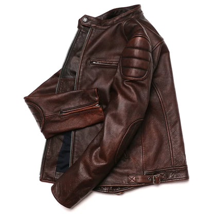2025 Vintage Brown Genuine Leather Jacket Real Natural Cowhide Men Motorcycle Biker Coat Mens Slim Calf Skin Coat