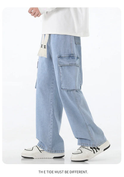 2024 New Men Baggy Cargo Jeans Fashion Streetwear Vintage Wide Leg Pants American Streetwear Y2K Big Pocket Youth Overalls