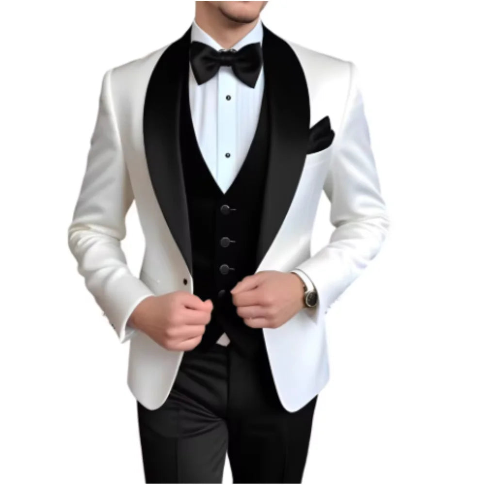 Customized Men's 3 Piece Tuxedo With Scarf Lapel Smoking Suit Wedding Groomsmen Formal Party Blazer Terno Masculino