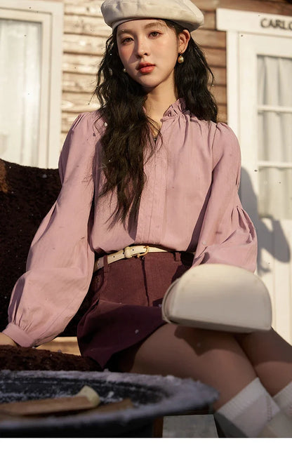 French Autumn Winter Button Up Lantern Long Sleeve Shirts Women Ruffle Neck Thick Warm Blouse Flannel Shirt MXC56X1320