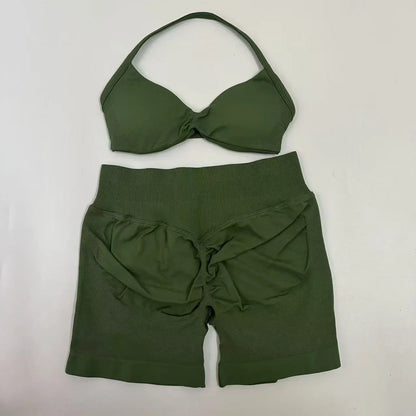 Impact Womens 2 Piece Yoga Set Strappy Seamless Sports Bra and High Waist Scrunch Shorts for Gym Workout and Fitness Training