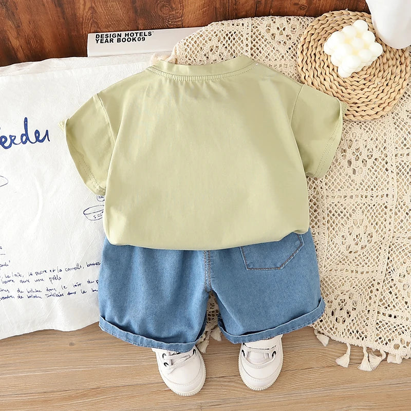 Summer New Boys' Short-Sleeved Set Boys' Casual Cartoon Dinosaur T-Shirt + Casual Denim Shorts Children's Cute Comfort Clothes