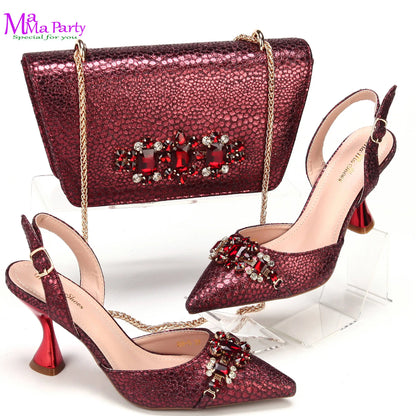 Wine Fashion Leisure Style 2025 New Coming Nigerian Women Shoes Matching Bag Set Pointed Toe High Quality  For Wedding Party