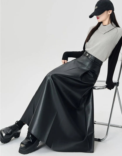 Vintage PU leather women midi skirts Y2K Autumn high waist Streetwear with belt pleated Skirt female elegant Solid A line skirts