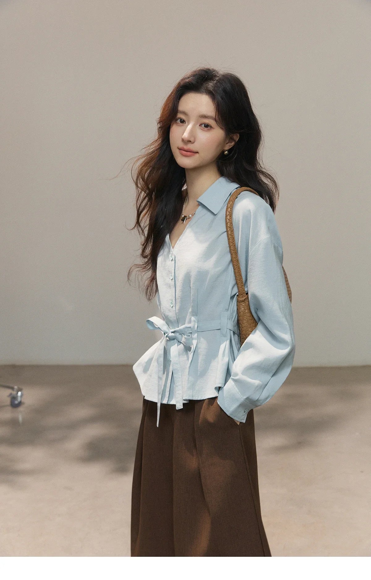 Women's Light Blue Lyocell Shirt 2026 Spring Polo Neck V-neck Belted Waist Shirt Casual Peplum Long Sleeve Top MXF13C2437