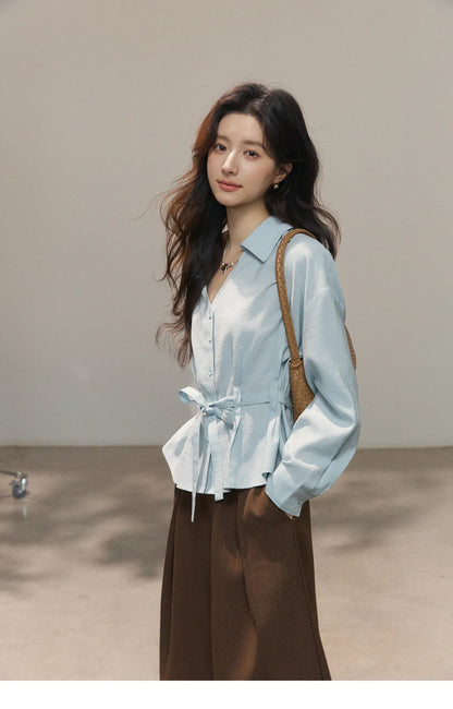 Women's Light Blue Lyocell Shirt 2026 Spring Polo Neck V-neck Belted Waist Shirt Casual Peplum Long Sleeve Top MXF13C2437