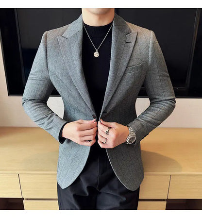 Men's Herringbone Stripe Suit Blazer Classic Lapel Dress Jacket Elegant Slim Fit Fashion Simple Casual Business Prom Suit Jacket