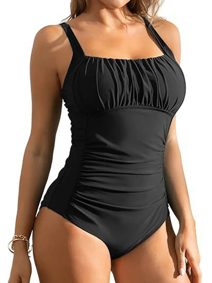 One Piece Ruched Front Swimsuit 2026 Women Vintage Solid Print Swimwear Padded Bathing Bodysuit Bather Swimming Beachwear Summer