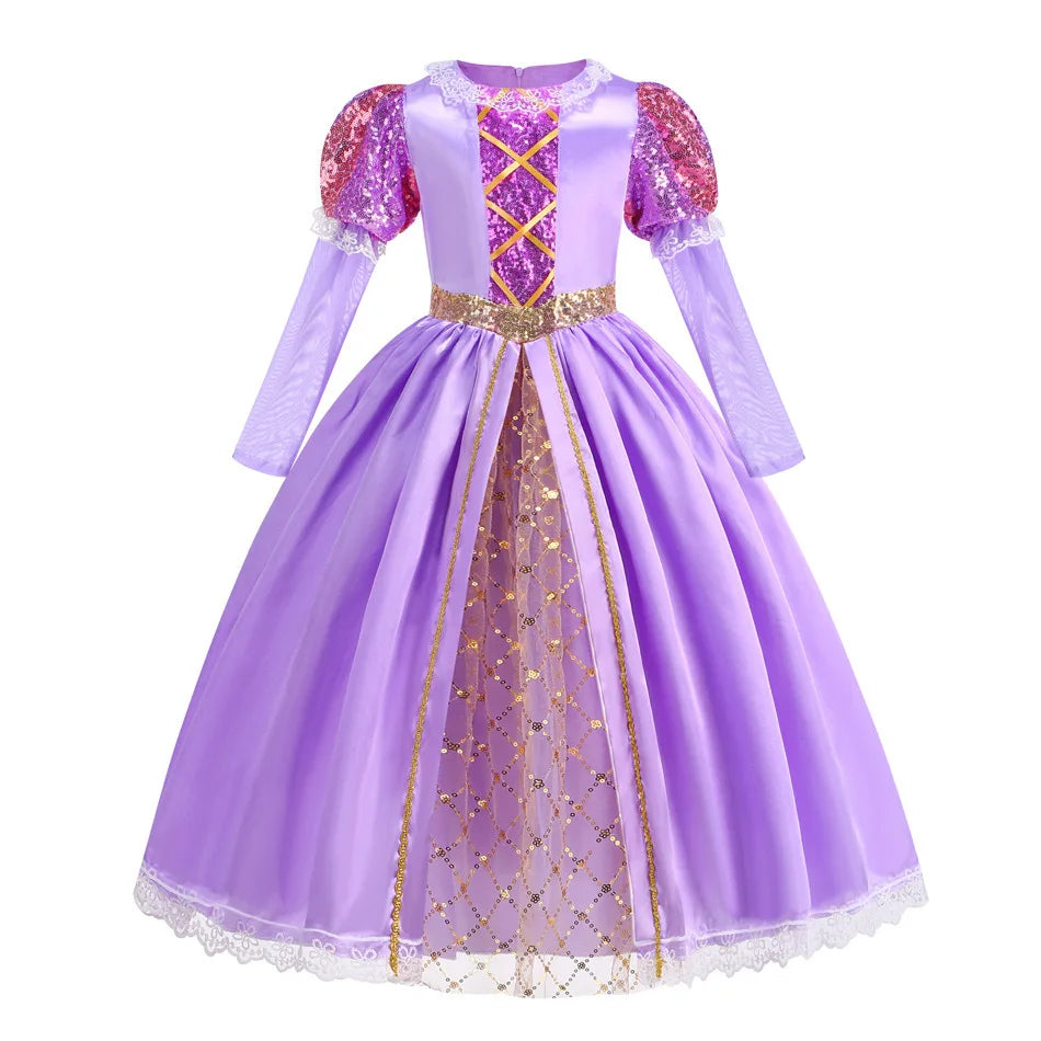 Rapunzel Short Sleeve Purple Puffy Dress + Accessories Girls Cosplay Rapunzel Summer Casual Dress Birthday Party Gift