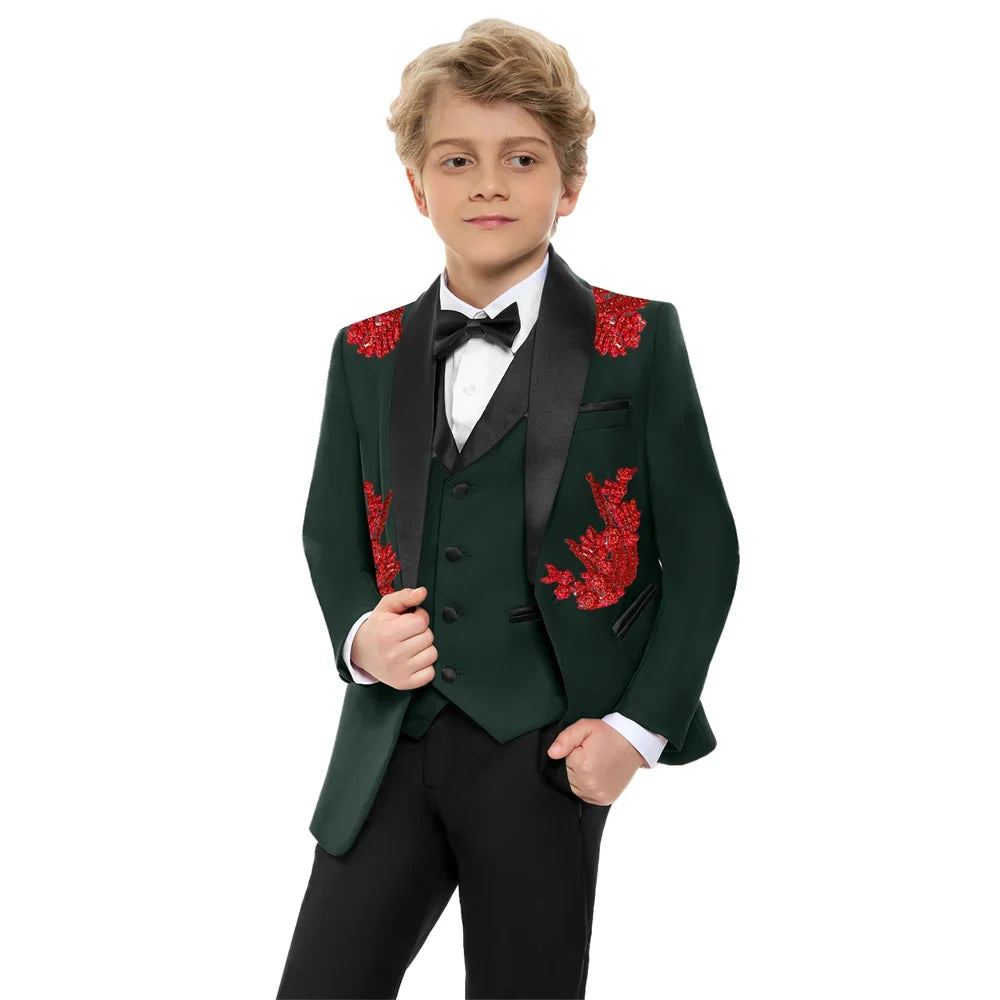 Stunning Luxurious Beaded Kids Suits Set 4 Pieces Handsome Dark Green Children's Tuxedo Party Wear Easter Boys Blazer In Stocks