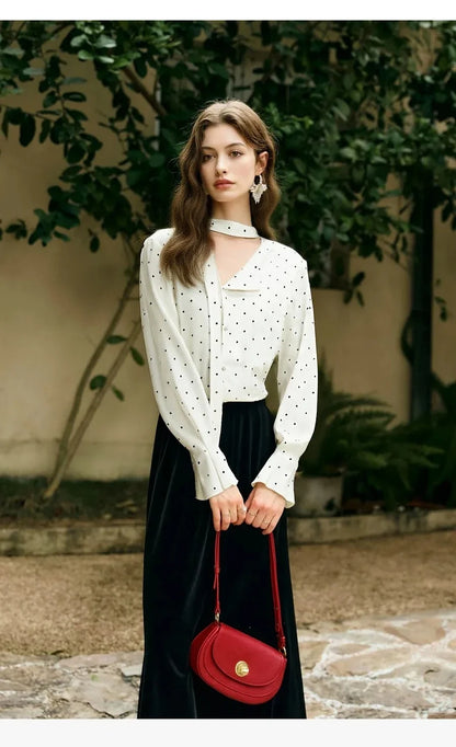 Woman Chiffon Blouse French Style 2026 Spring Elegant Polka Dot Ladies Top Bow Tie Neck Long Sleeve Shirts O58CC002535