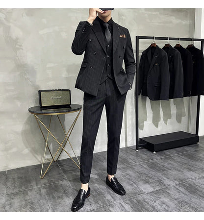 2025 High-quality Korean Version Slim-fit Business (Suit + Vest + Trousers) Striped Double-breasted Suit Three-piece Set