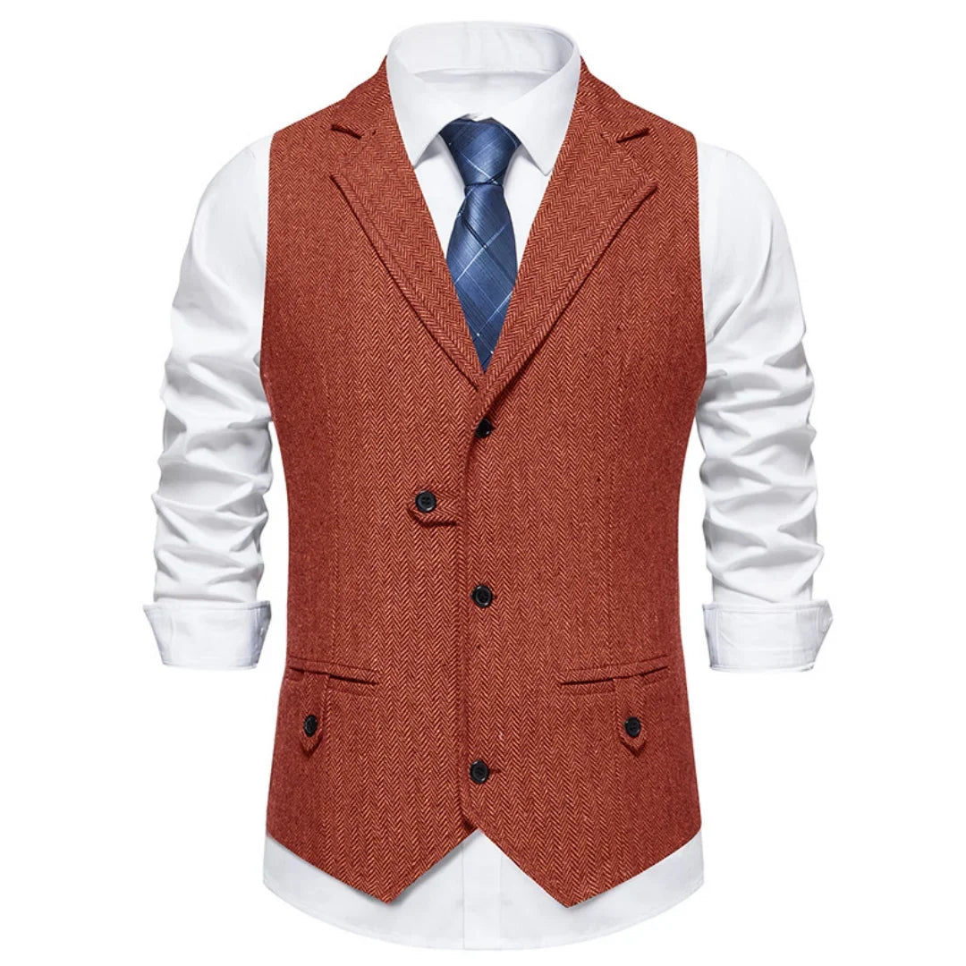 Men Vest Brown Herringbone Single Button Solid With Lapel Waistcoat For Wedding Groom Business Banquet Office Work Men Suit Vest