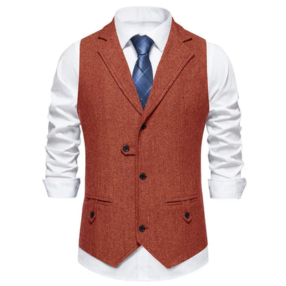 Men Vest Brown Herringbone Single Button Solid With Lapel Waistcoat For Wedding Groom Business Banquet Office Work Men Suit Vest