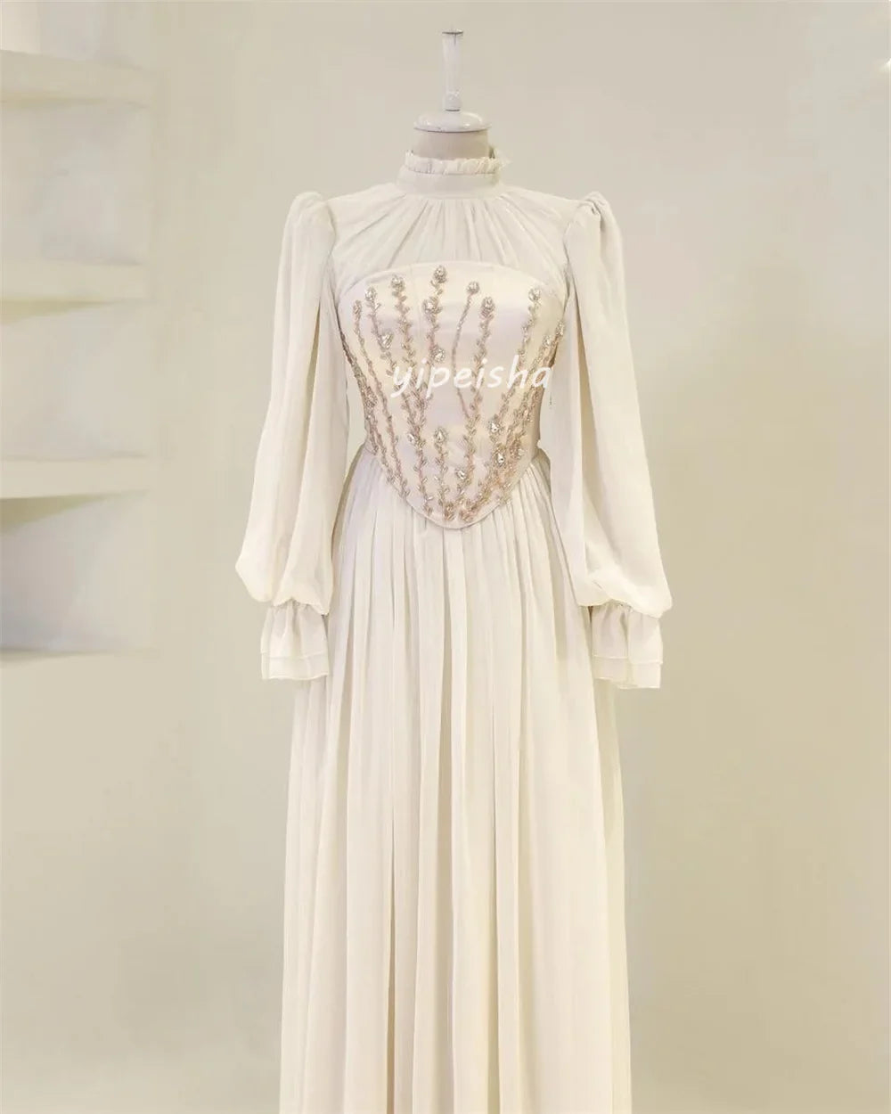 Customized Exquisite Chiffon Draped Sequined Rhinestone A-line High Collar Long Dresses Bespoke Occasion Dresses Formal Retro
