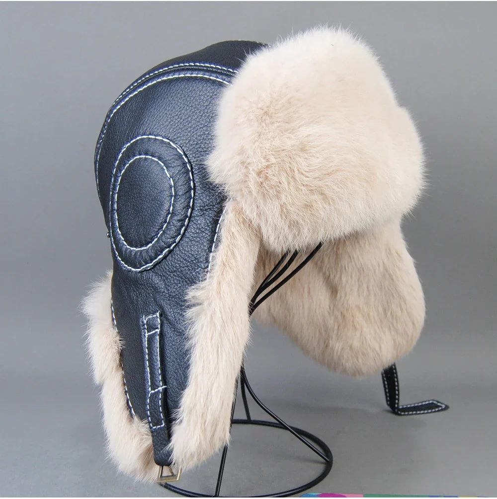 2026 Fashion Men's 100% Natural Rabbit Fur Bomber Hats Winter Russian Man Warm Real Sheepskin Leather Hat Male Real Fur Caps