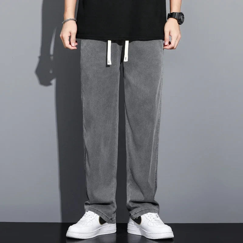 Summer Soft Lyocell Fabric Thin Loose Straight Pants Drawstring Elastic Waist Korea Casual Trousers Men's Jeans Plus Size M-5XL