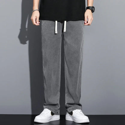 Summer Soft Lyocell Fabric Thin Loose Straight Pants Drawstring Elastic Waist Korea Casual Trousers Men's Jeans Plus Size M-5XL