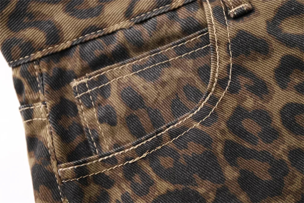 High Waisted Leopard Print Jeans for Women Y2k Retro Streetwear Denim Pants Hip Hop Straight Wide Leg Baggy Jeans