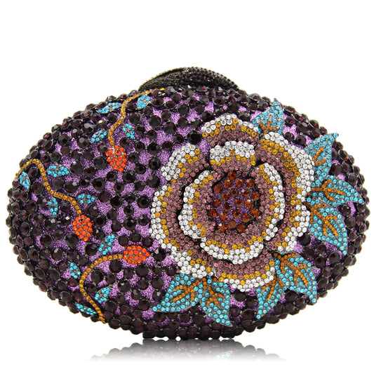 New Design Women Oval Diamond Clutch Purse Studded Floral Pattern Fashionable Hand Evening Bag for Wedding Party