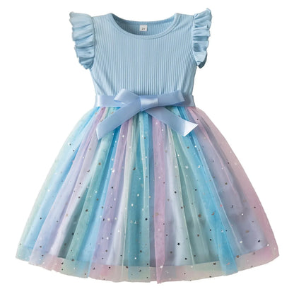 New Girls Dress for Sequins Birthday 1-5Y Toddler Girls Rainbow Tulle Dress Sweet Kids Princess Dress for Girls 2025 Summer Wear