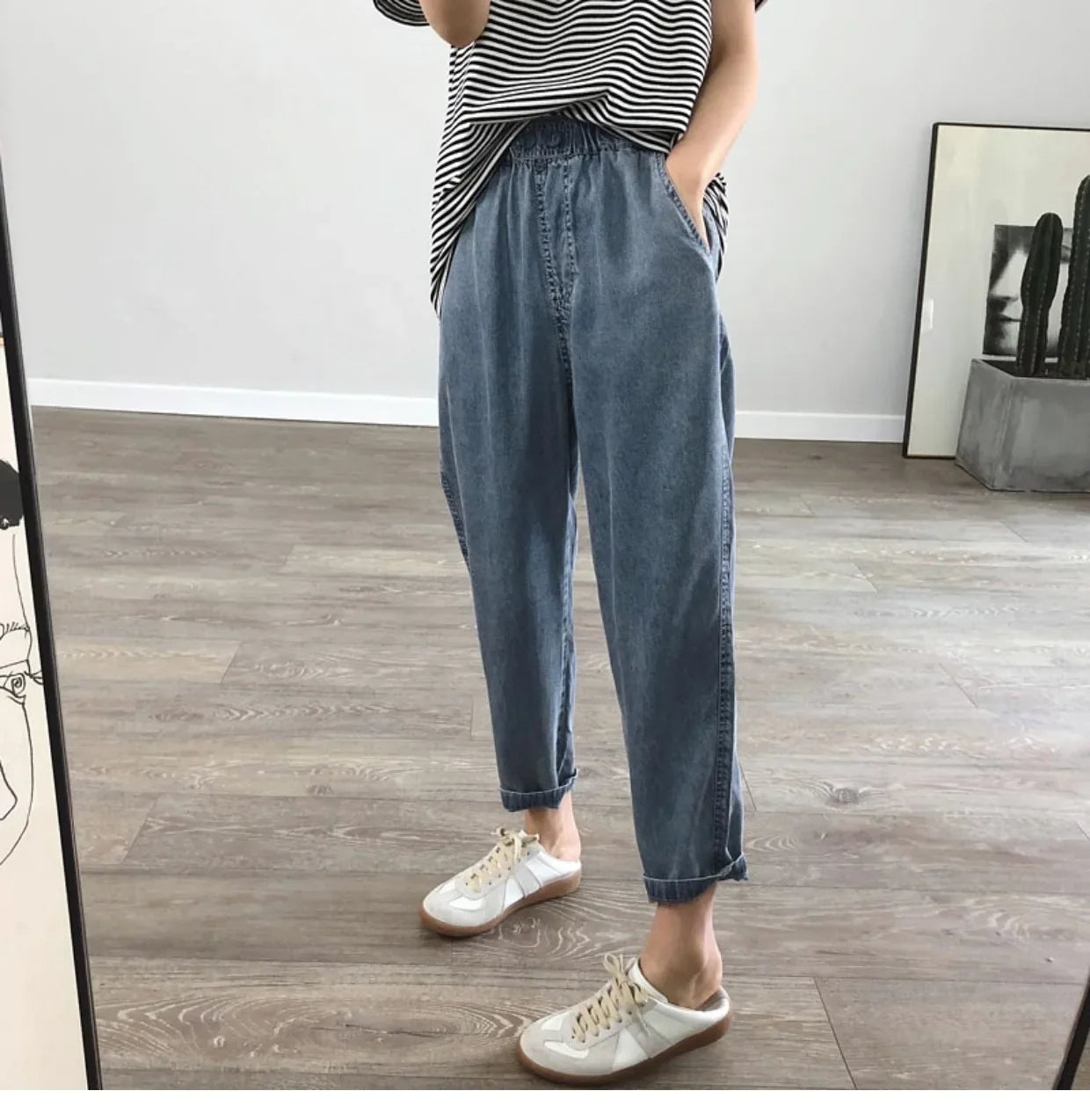Summer Plus Size Jeans Woman Casual Loose Baggy Denim Harem Pants Elastic Waist Thin Cotton Mom Jeans Women Ankle-Length Slacks