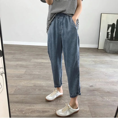 Summer Plus Size Jeans Woman Casual Loose Baggy Denim Harem Pants Elastic Waist Thin Cotton Mom Jeans Women Ankle-Length Slacks