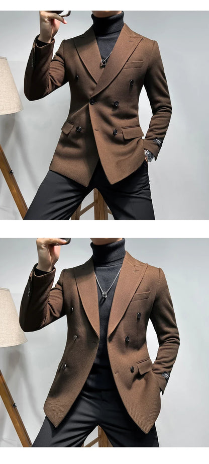 2025 Spring New Men's Waffle Double Breasted Suit Jacket High Quality Business Slim Fit Blazers Groom Social Party Dress Coats