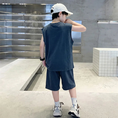 New Kids Designer Streetwear Summer Top Bottom Suit Sleeveless T-shirt And Shorts 2 Pcs Clothes Set Children Boys Casual Outfit