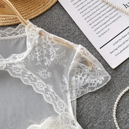 American Sexy Sheer Lace Blouse Women Short Sleeves Hotsweet Chiffon Shirt Fashion Hollow Out Chest Slim Summer Tops