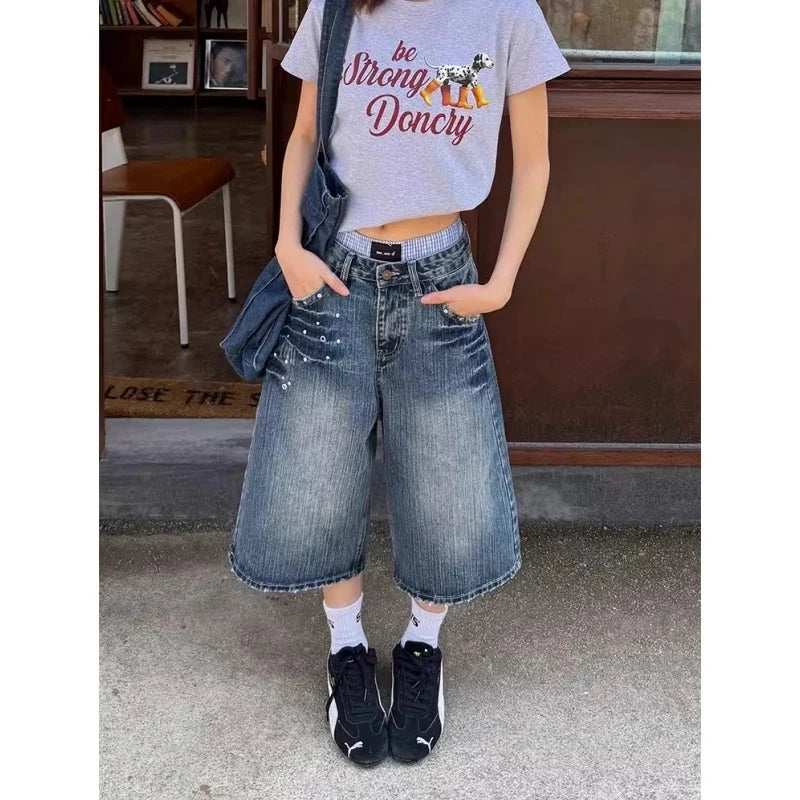 Women's Y2K American Retro Bamboo Denim Capri Pants Summer 2026 Washed Versatile Loose Wide Leg Mid-Length Trendy Trousers