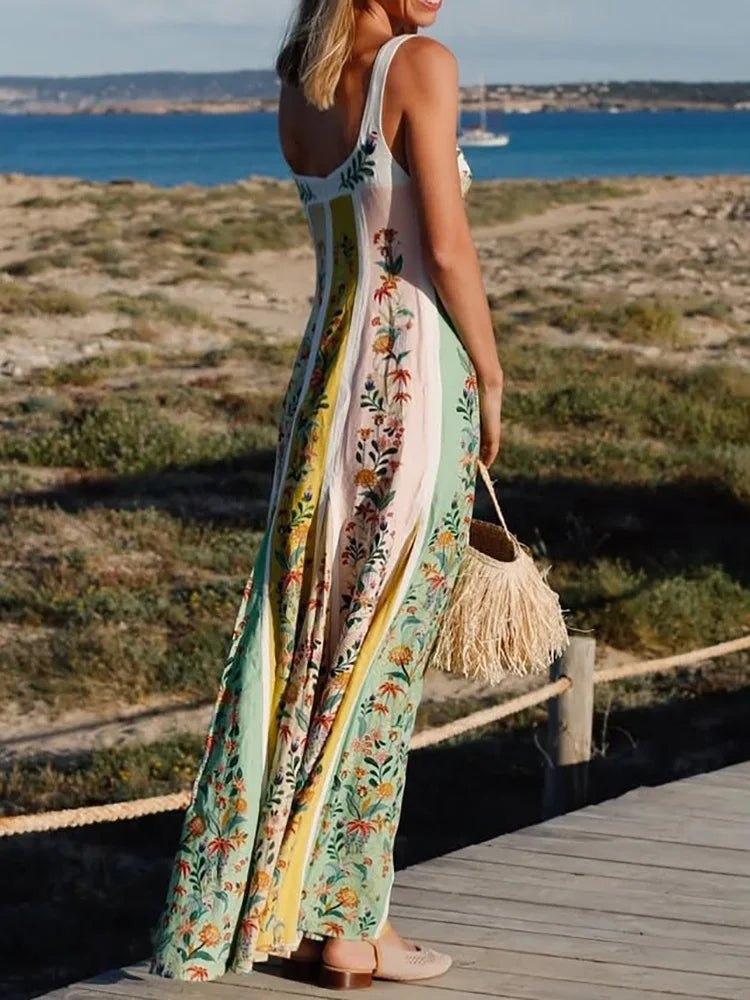 Fashion Elegant Women Sleeveless Party Dresses Casual Deep V Neck Maxi Dress Summer Backless High Waist Print Dress Vestidos