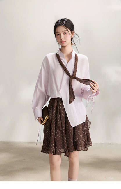 Women's Asymmetric V Neck Shirts 2026 Spring Lapel Casual Loose Tie Cuffs Solid Shirt with Polka Dot Ribbon MXF108X1002