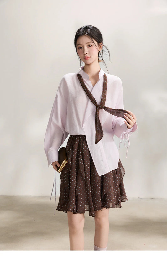 Women's Asymmetric V Neck Shirts 2026 Spring Lapel Casual Loose Tie Cuffs Solid Shirt with Polka Dot Ribbon MXF108X1002