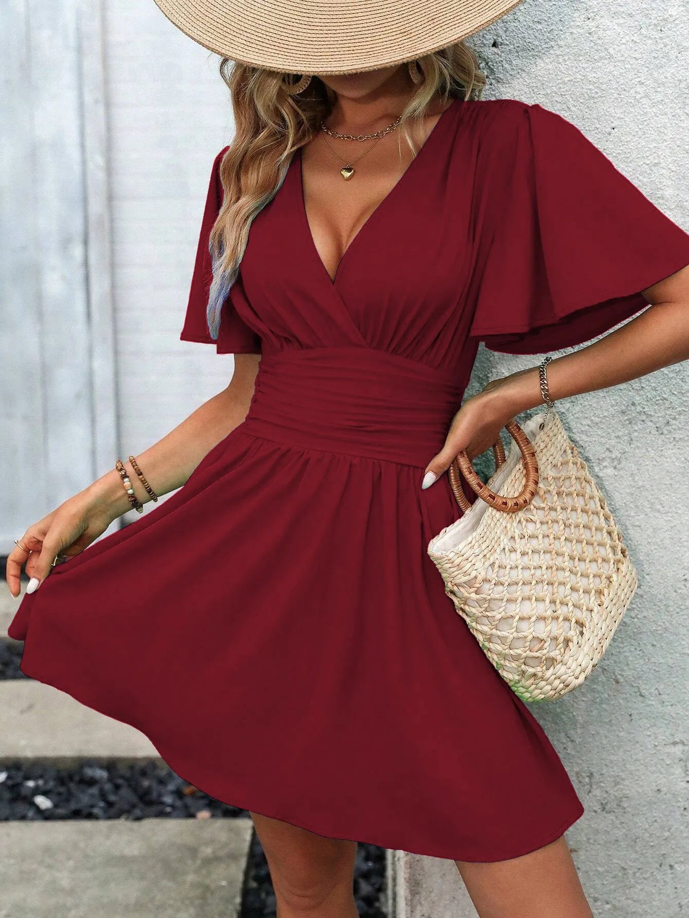 2025 New Summer Deep V-Neck Smocked Ruffled Sleeves Bodycon Dress Women French Retro Style Solid Color Short Long Midi Maxi Dres