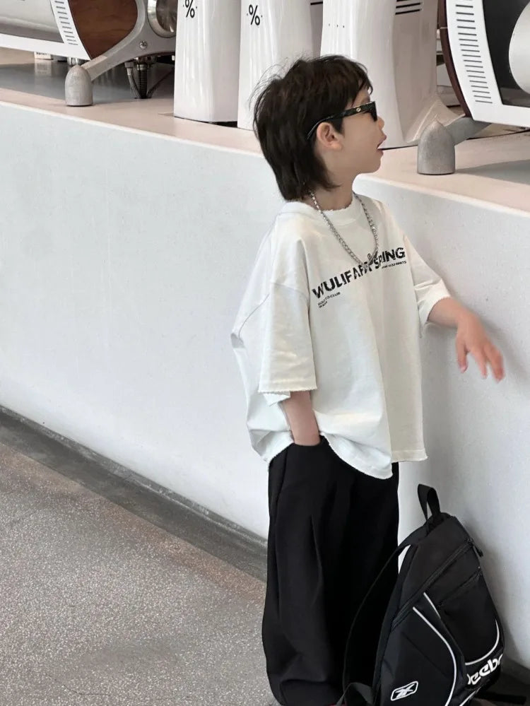 Red Cotton T-Shirt for Tween Boys Girls Loose Fitting Trendy Unisex Summer Top with Embroidered Letters Youthful Casual Wear