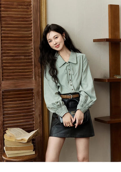 Vintage Green Blouse Women French Lapel Bow Lace-up Top 2025 Autumn Sweet Shirt Sleeve Outwear Commute Shirts MXD44C0337