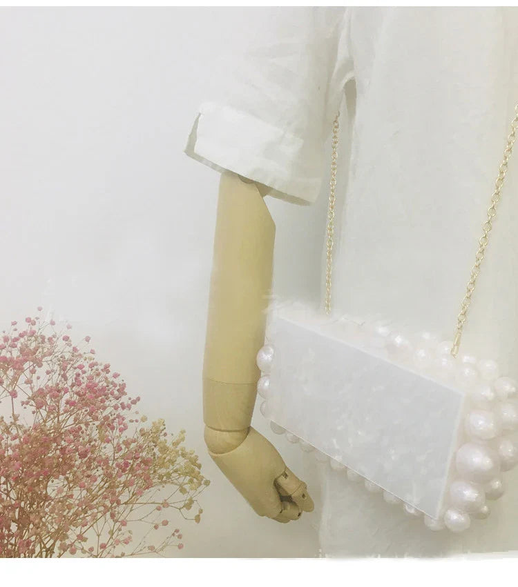 Fashion Women Acrylic Turquoise Evening Clutch Bag Small Pearls Party Black Designer Day Purse Crossbody Chain