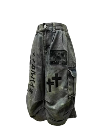 Summer Women Goblin Core Cross Denim Jorts Shorts Y2k Calf-Length Jean Pants Trashy Y2K Abi Japanese Cyber Punk Grunge Unisex