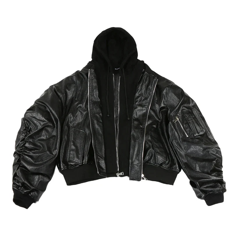 Autumn Winter Cool Handsome Oversized Brown Thickened Warm Leather Jacket Men with Hood Fake 2 Piece European Clothes