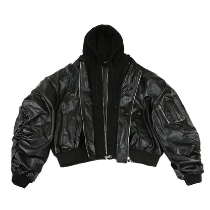 Autumn Winter Cool Handsome Oversized Brown Thickened Warm Leather Jacket Men with Hood Fake 2 Piece European Clothes