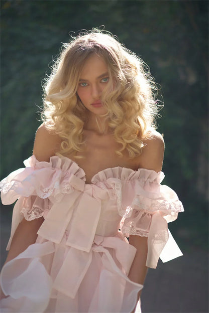 Baby Pink Off Shoulder Prom Dress Sweet Edge Curl Organza Vestidos De Noche Puffy Prom Dress Customized فساتين السهرة