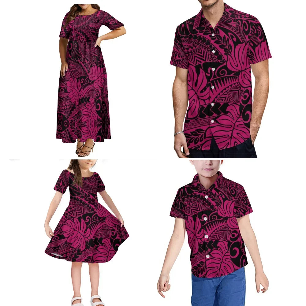 Polynesian Family Collection Clothing Fluffy Full Skirt Women Girls Dress Custom Samoan Pattern Print Adult Children Shirt